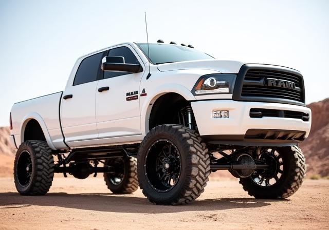 White Ram 3500 truck with a new suspension lift.