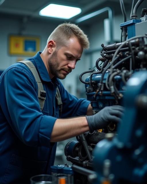 A technician intently working on a diesel engine in a clean workshop.